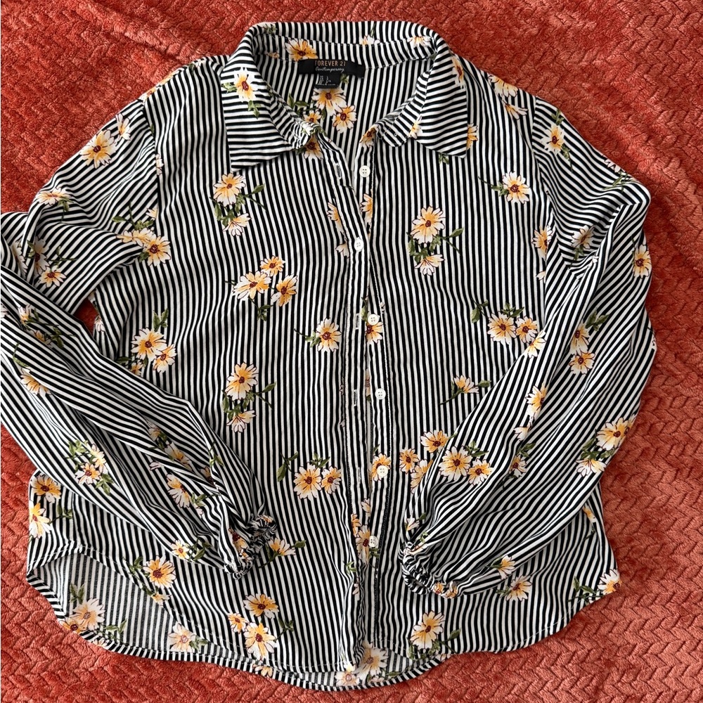 Forever 21 Black & White Striped Floral Button-Up